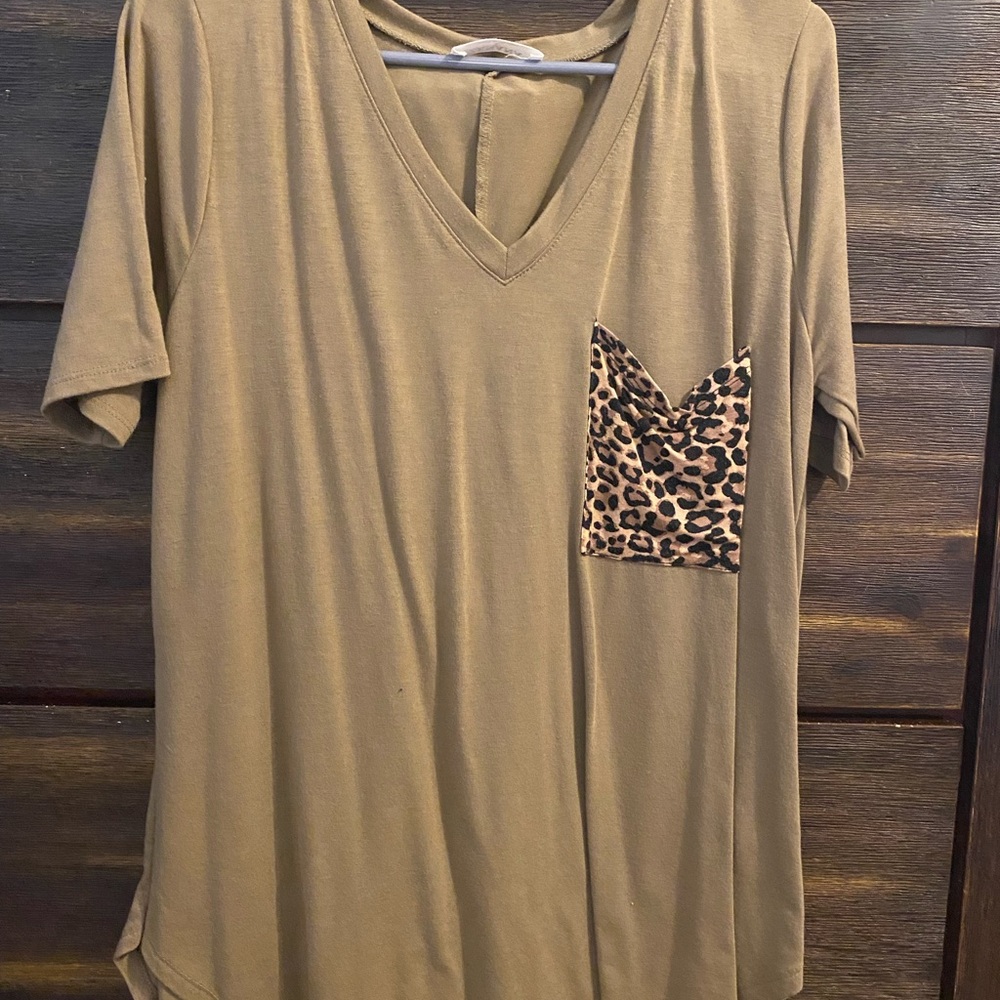 Zenana Outfitters Olive Top with Leopard Accent